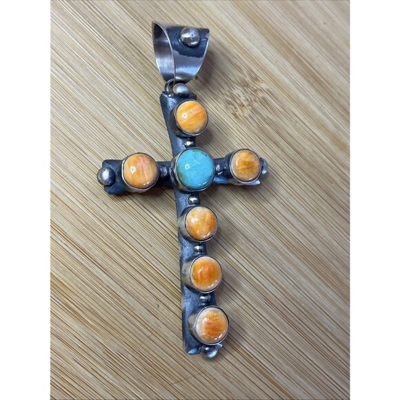 Chimney Butte Native American Sterling Cross Pendant Turquoise Spiney Oyster - Picture 2 of 9